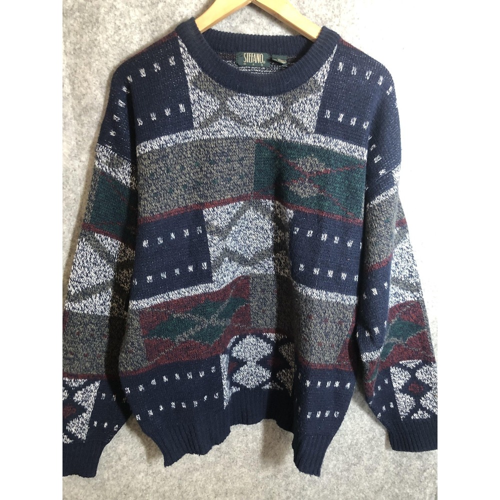 Vintage Stefano Sweater Mens XL Navy Multicolor Geometric Knit Pullover 80s 90s